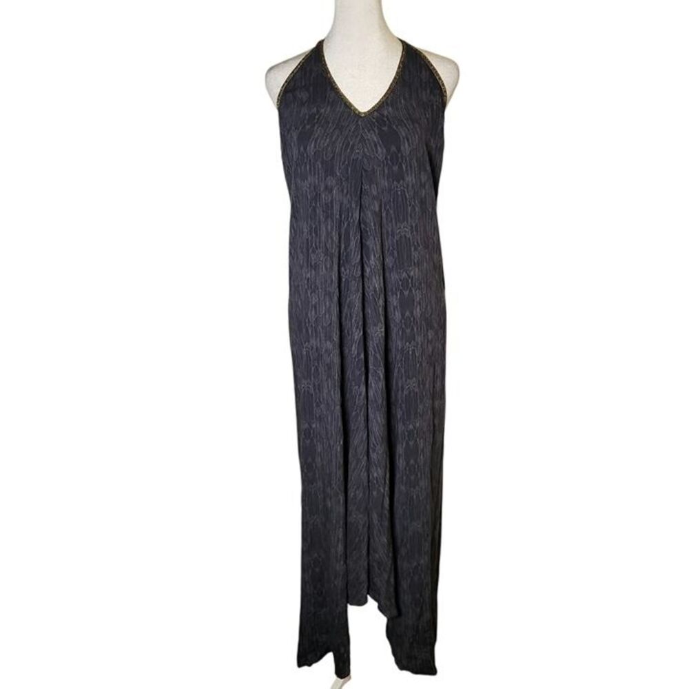 HANSINE London Rhodes Halter Maxi Dress Charcoal Feather Print Metallic Trim OS